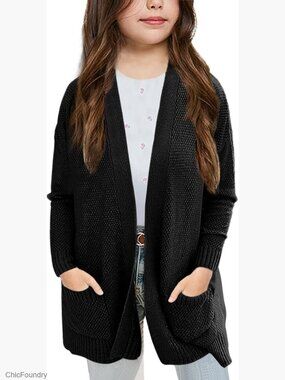 Girls' Cardigan Sweater Open Front Long Sleeve with Pockets